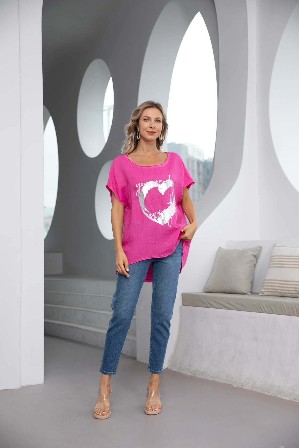 Orange - Angelina's Silver Heart Linen Top (90057)