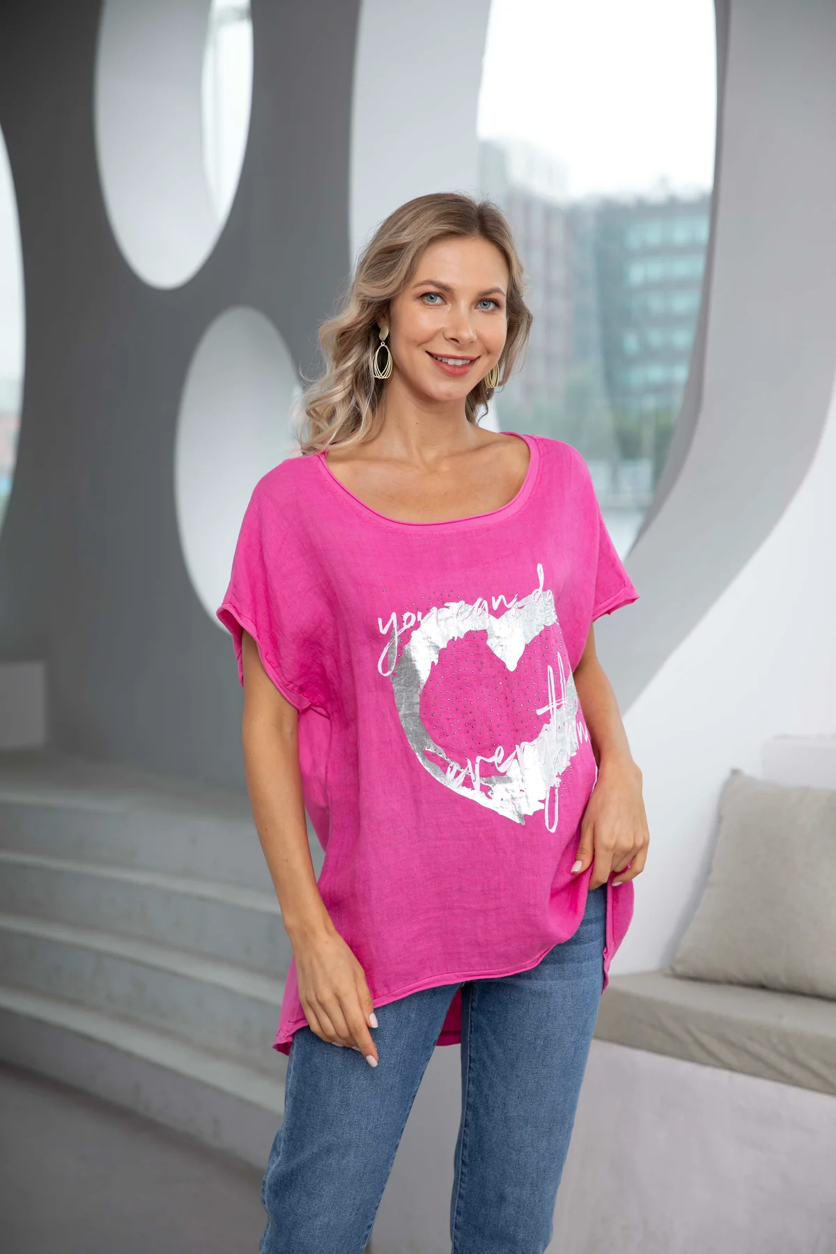 Orange - Angelina's Silver Heart Linen Top (90057)