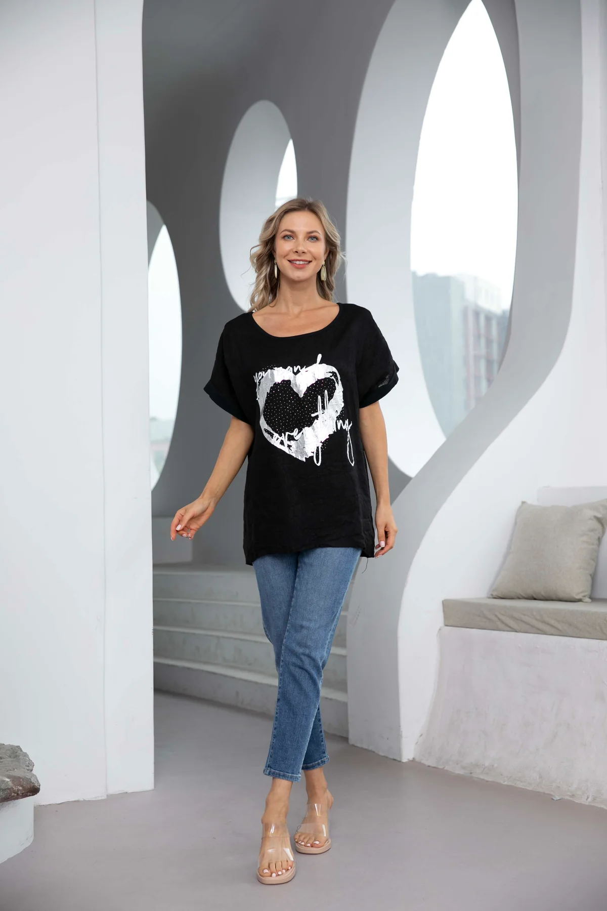 Orange - Angelina's Silver Heart Linen Top (90057)