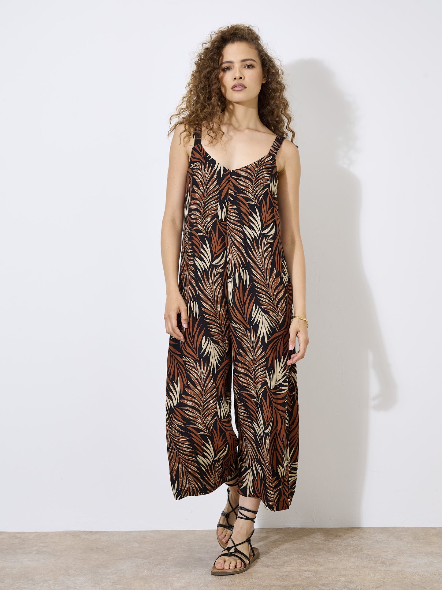 APRICOT - TEXTURED FLOWING LEAVES CULOTTE WIDE LENGTH EASY JUMPSUIT (940703)