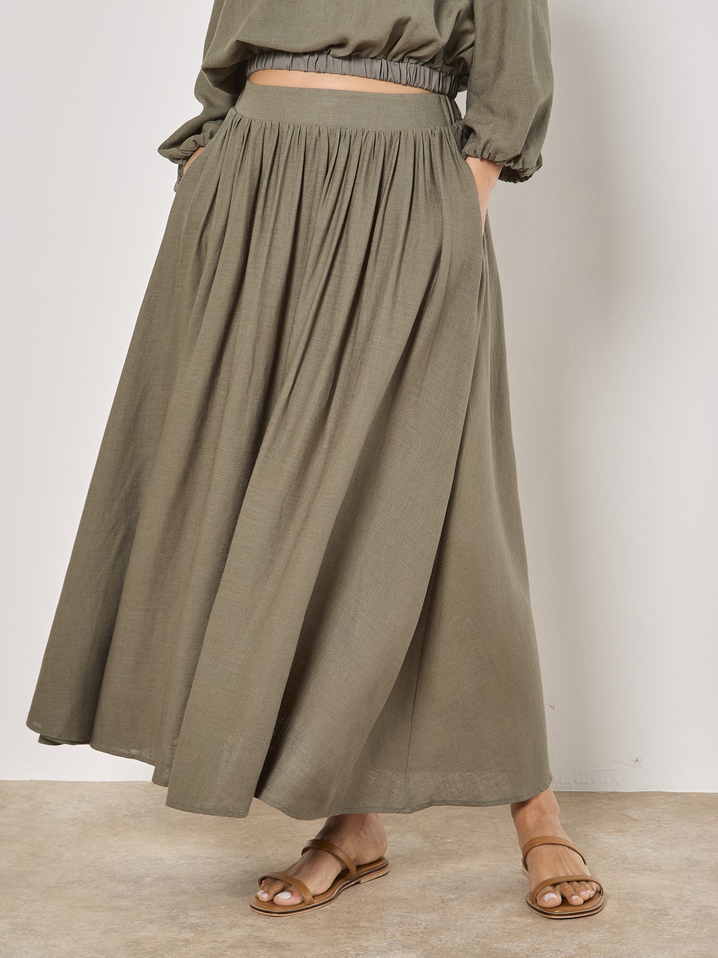 APRICOT - LINEN MIX GATHERED A-LINE MIDAXI SKIRT(942226)