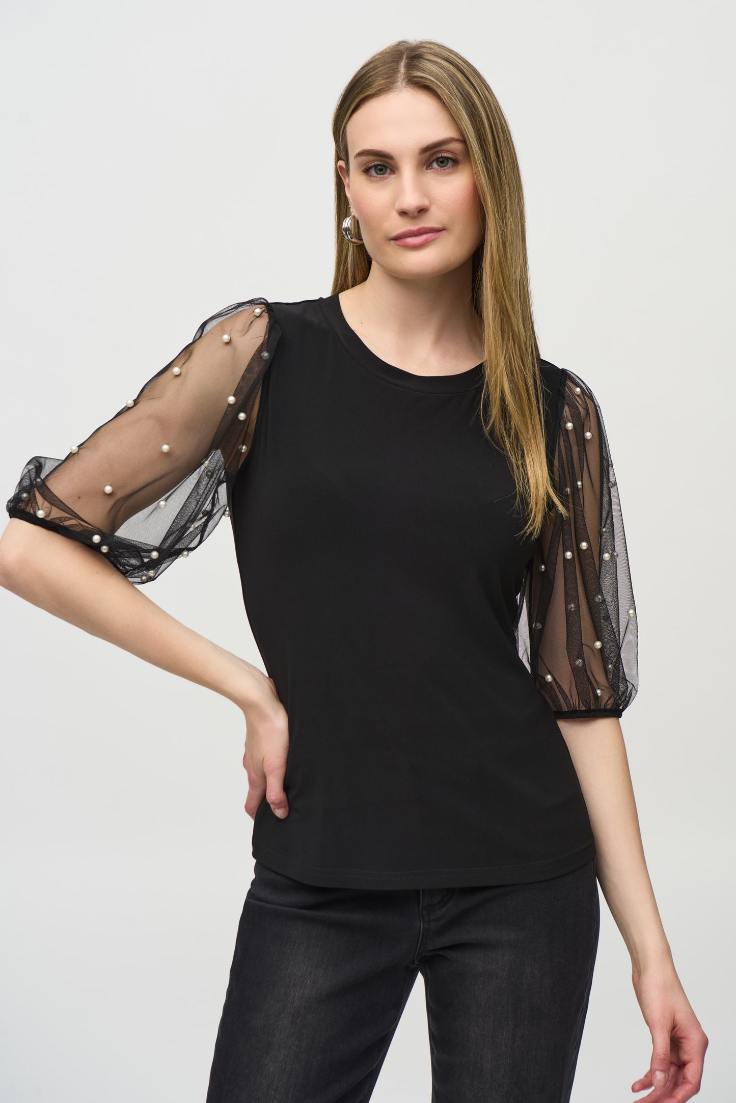 Joseph Ribkoff - Silky Knit Top With Embellished Mesh Sleeves (244189)