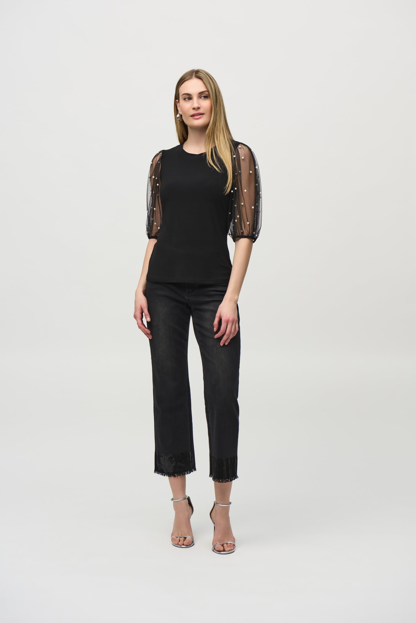 Joseph Ribkoff - Silky Knit Top With Embellished Mesh Sleeves (244189)