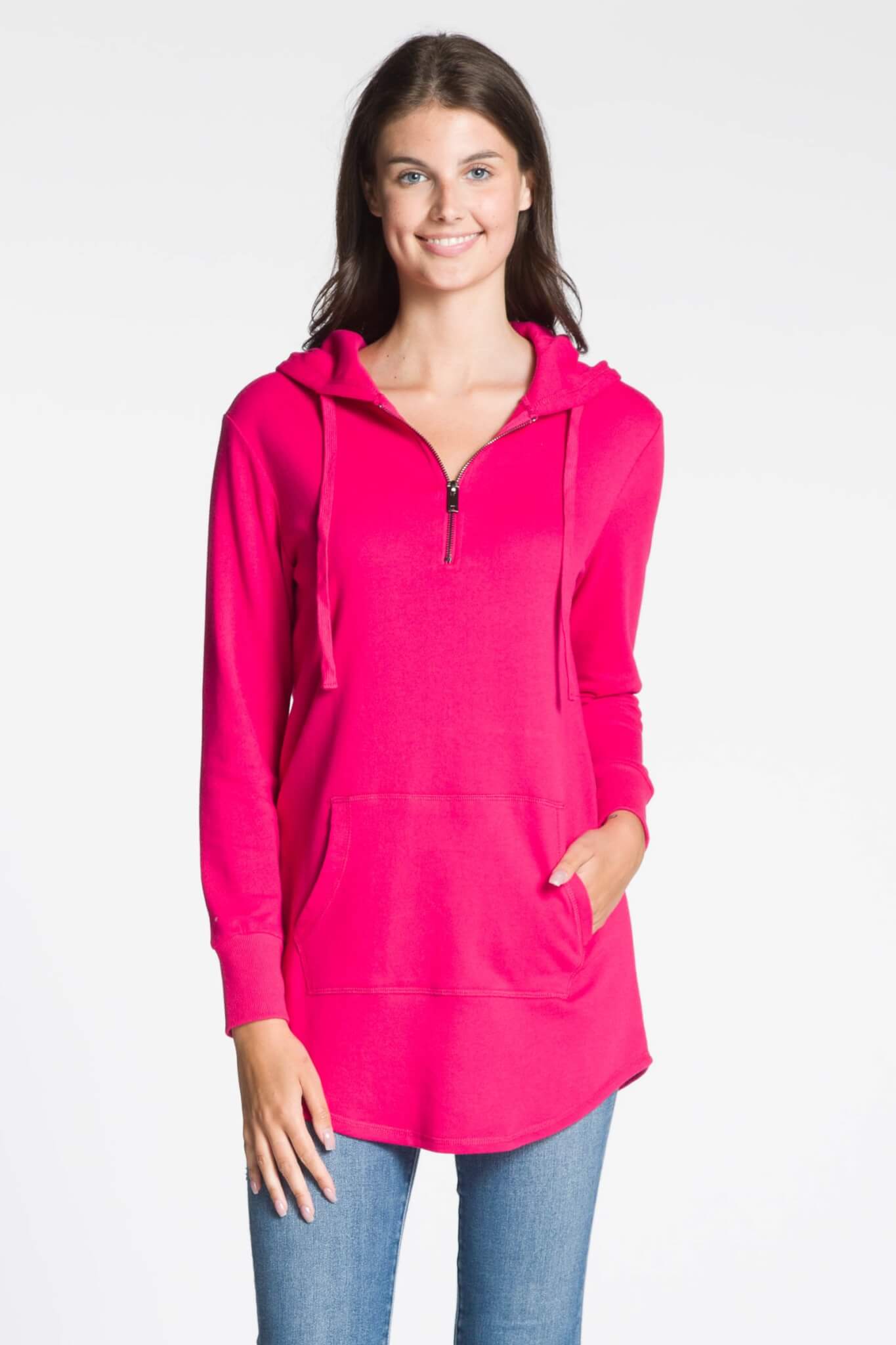 DKR&CO - Long Sleeve 1/4 Zip Hooded Tunic Top with Kangaroo Pocket (GFT-909)