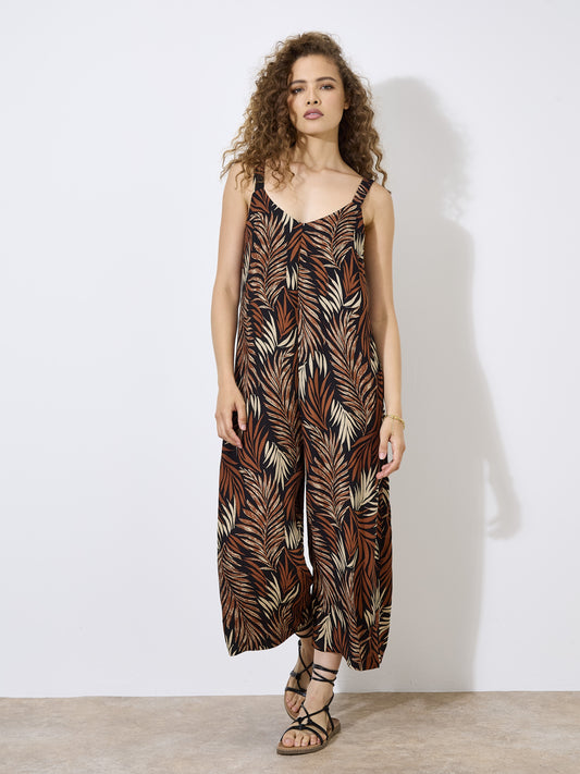 APRICOT - TEXTURED FLOWING LEAVES CULOTTE WIDE LENGTH EASY JUMPSUIT (940703)