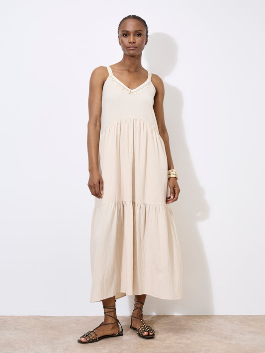 APRICOT - PLAITED LUREX STRAP SHELL DETAIL TIERED MIDAXI DRESS (961791)