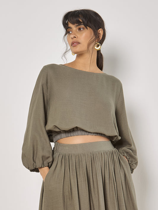 APRICOT LINEN MIX BUBBLE HEM TOP (942202)